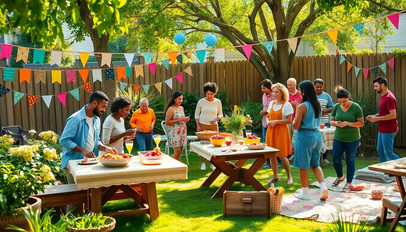 backyard event with diverse people enjoying DIY decorations and activities.