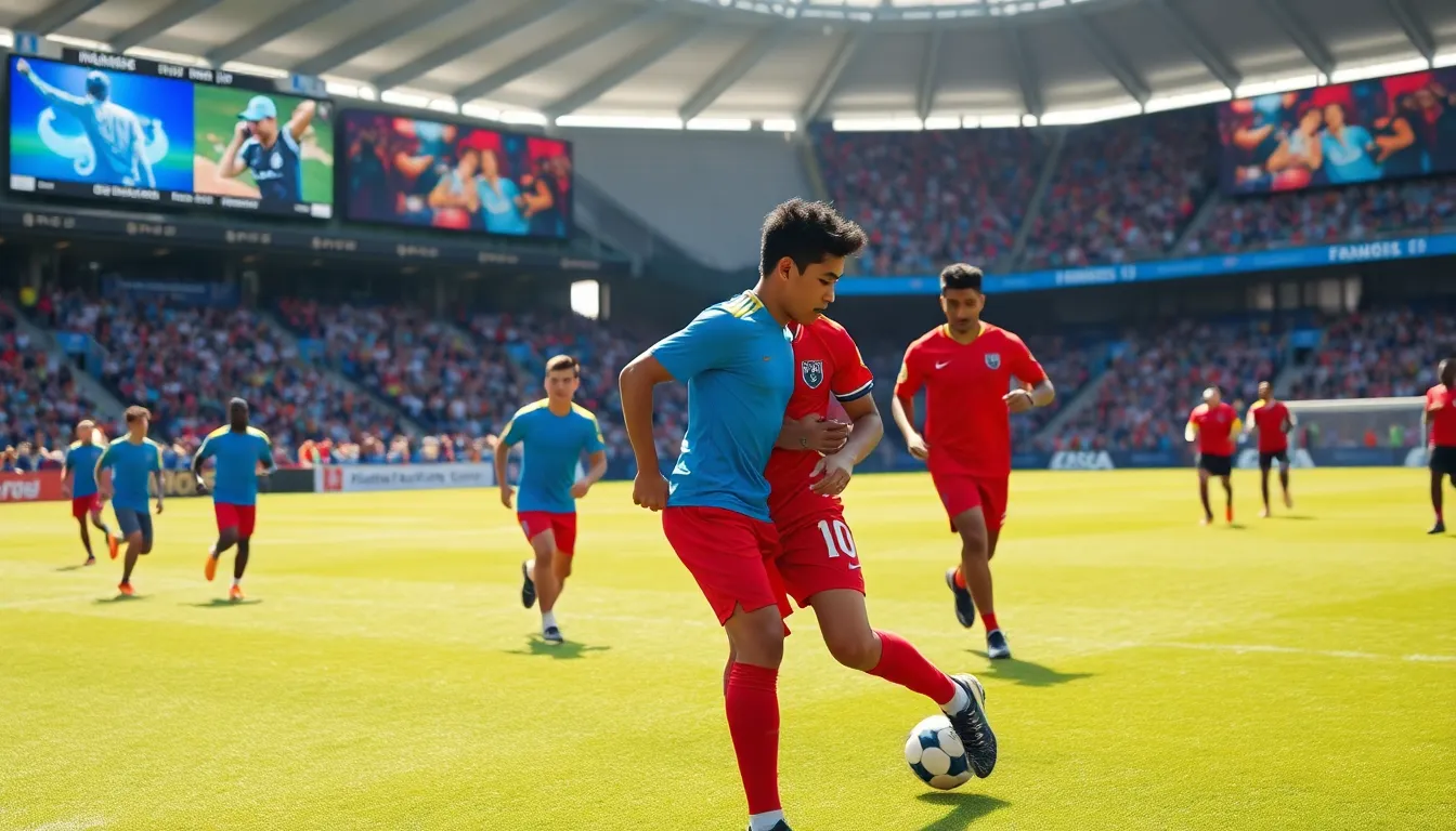 young football players practicing in a vibrant stadium filled with cheering fans.