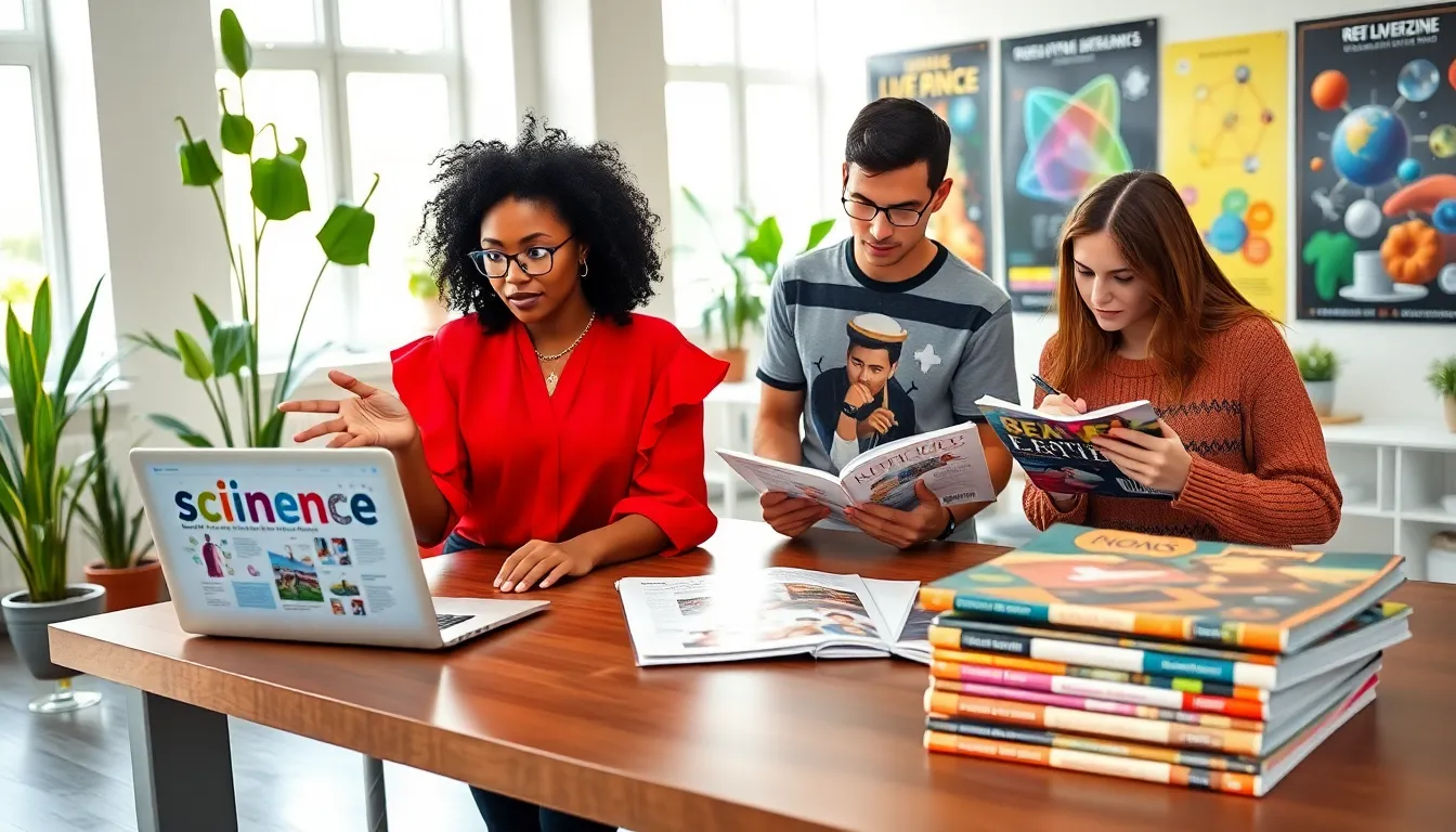 a diverse group collaborating over science and lifestyle concepts in a bright office.