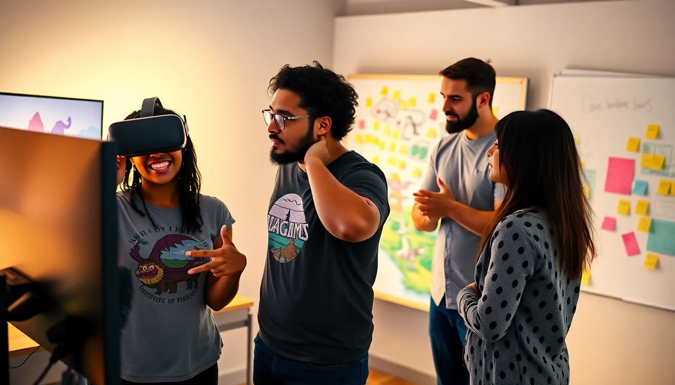 a diverse game development team collaborating in a modern studio.