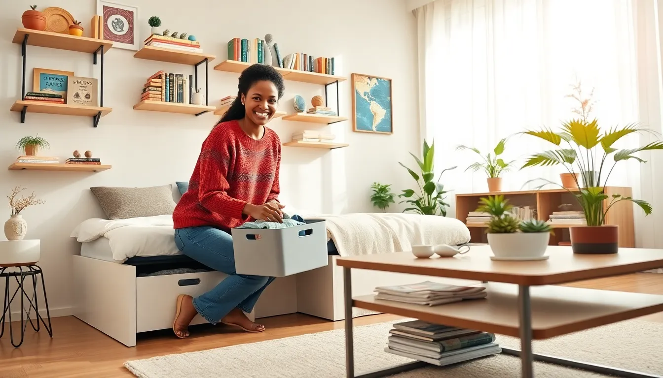 a woman organizing under-bed storage in a bright living room.
