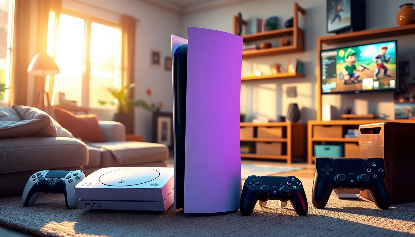 different PlayStation consoles on display in a cozy living room.