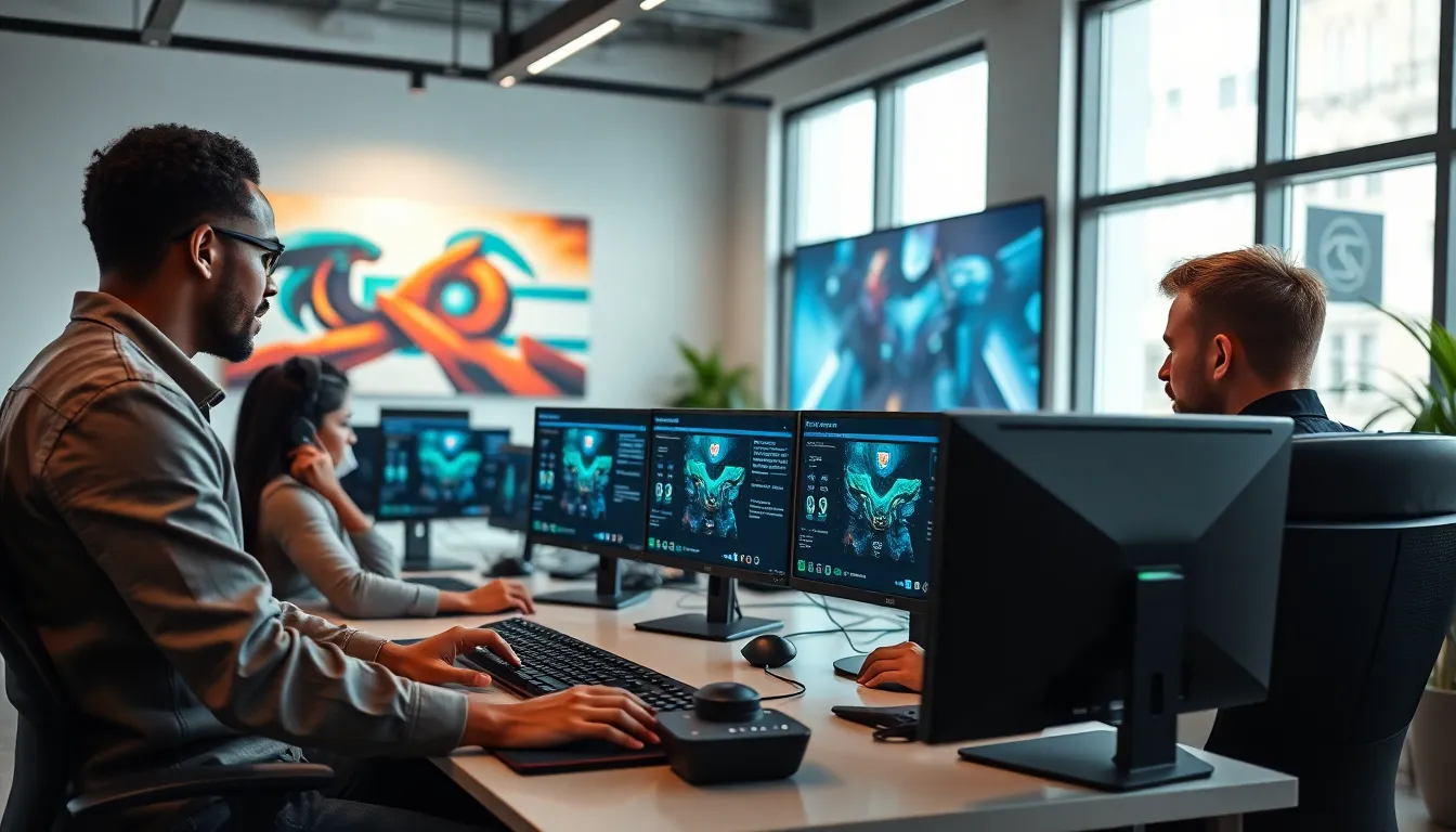 diverse professionals collaborating over a gaming tool in a modern office.