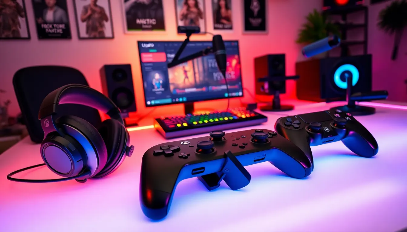 a modern gaming setup featuring premium headsets and controllers.