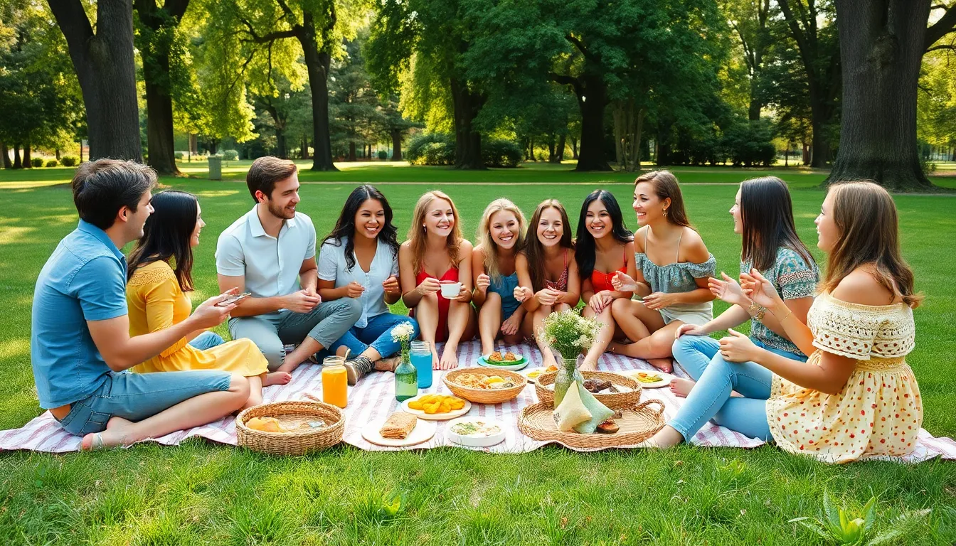 friends enjoying a budget-friendly picnic in a park.