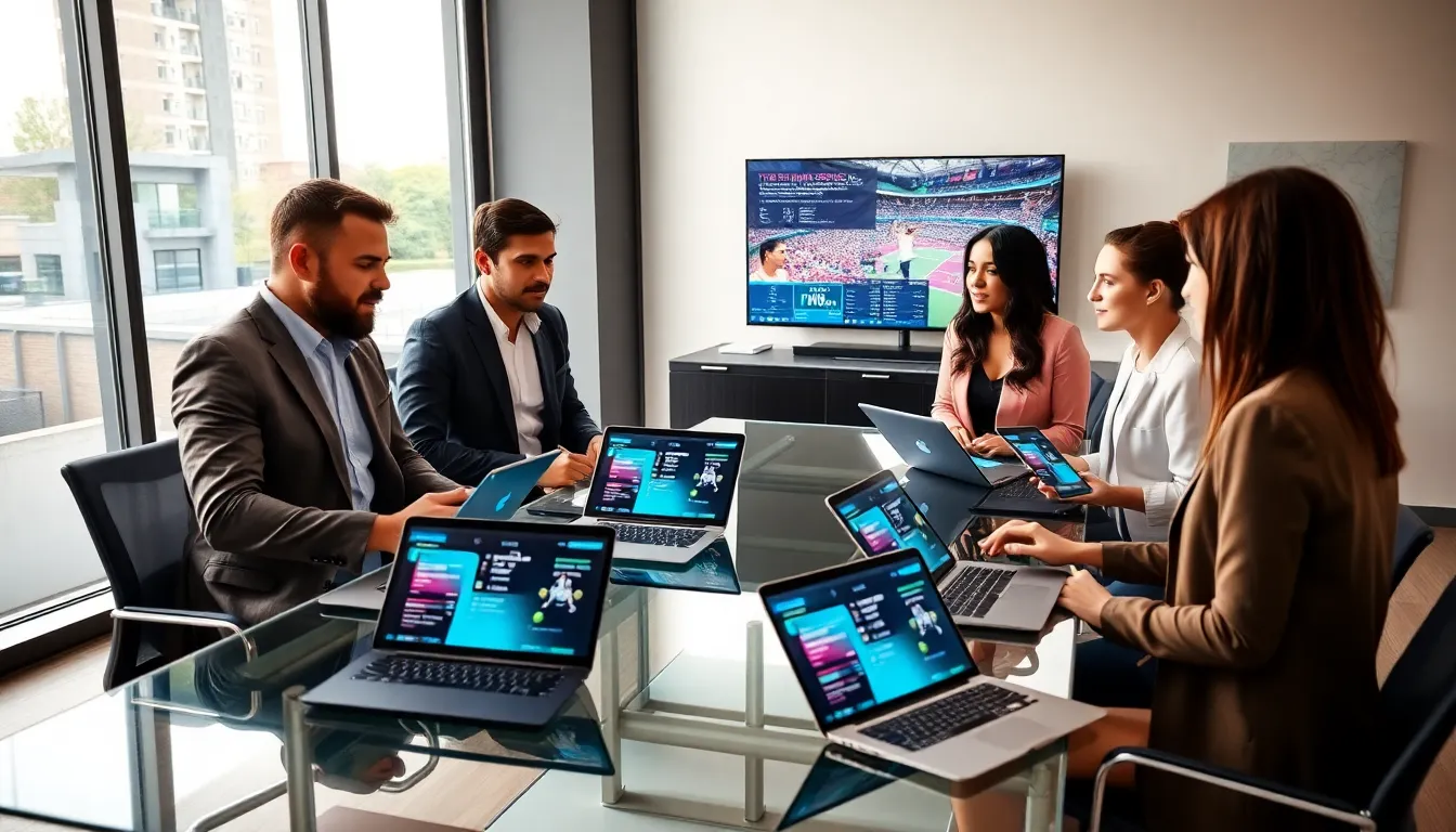 diverse professionals discussing tennis coverage in a modern office.