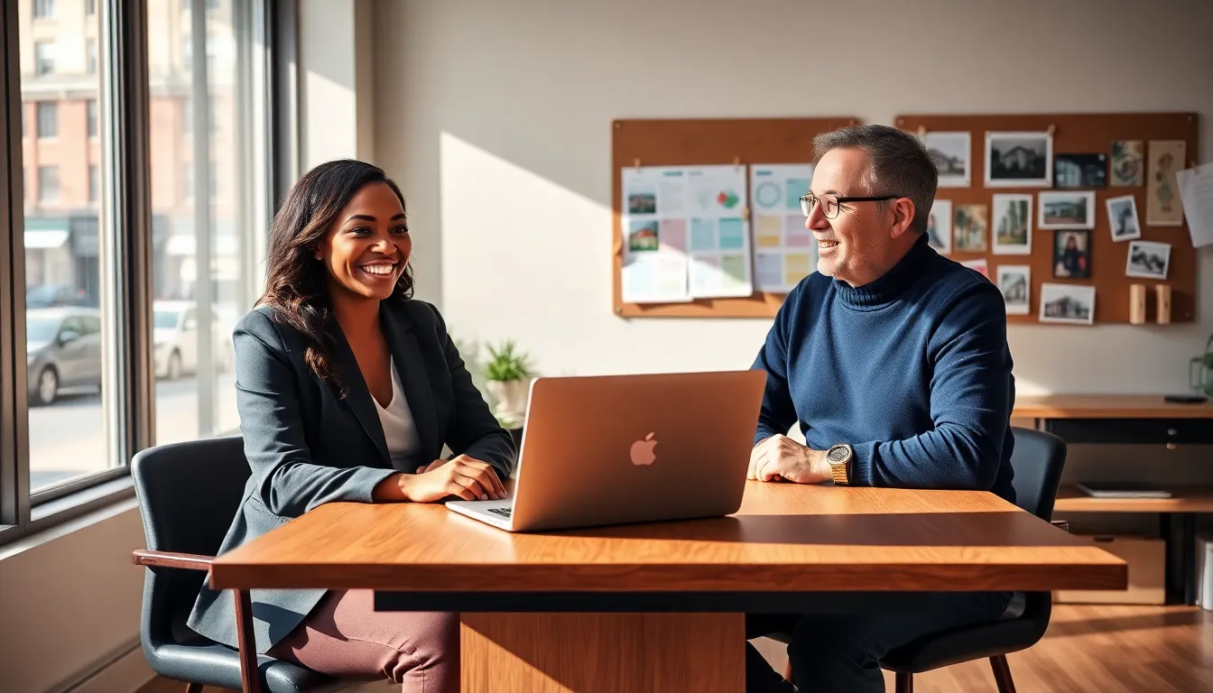 A real estate agent consulting with a client in a warm office.