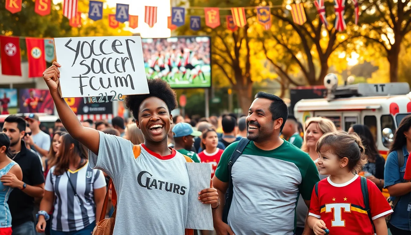 a diverse crowd of sports fans celebrating together in a park.