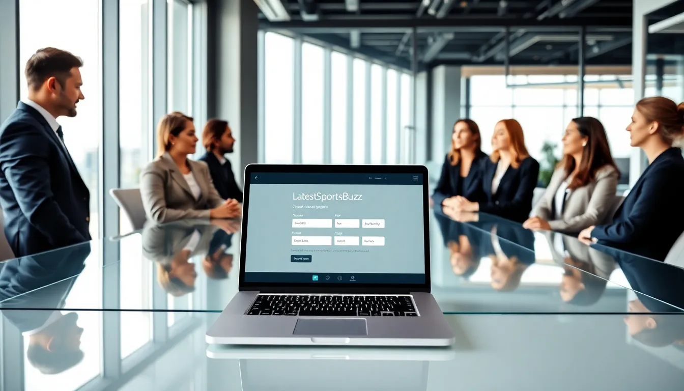 diverse business team discussing a contact page in a modern office.