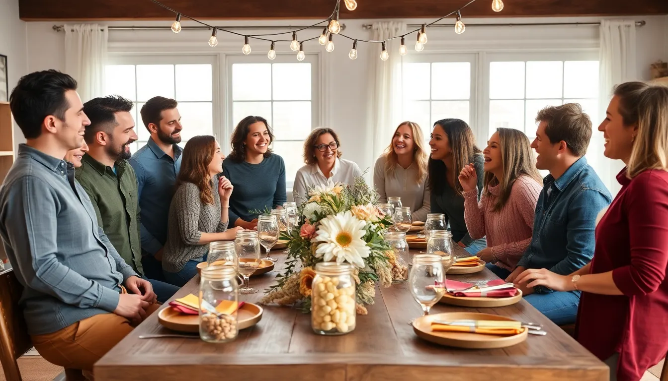 diverse friends enjoying a cozy thrifty event in a modern home.