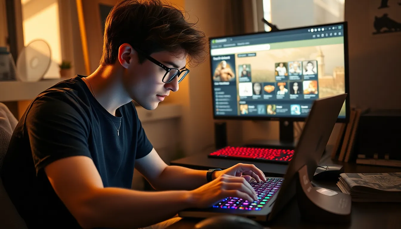 A young man exploring the CK2Generator website on his laptop.