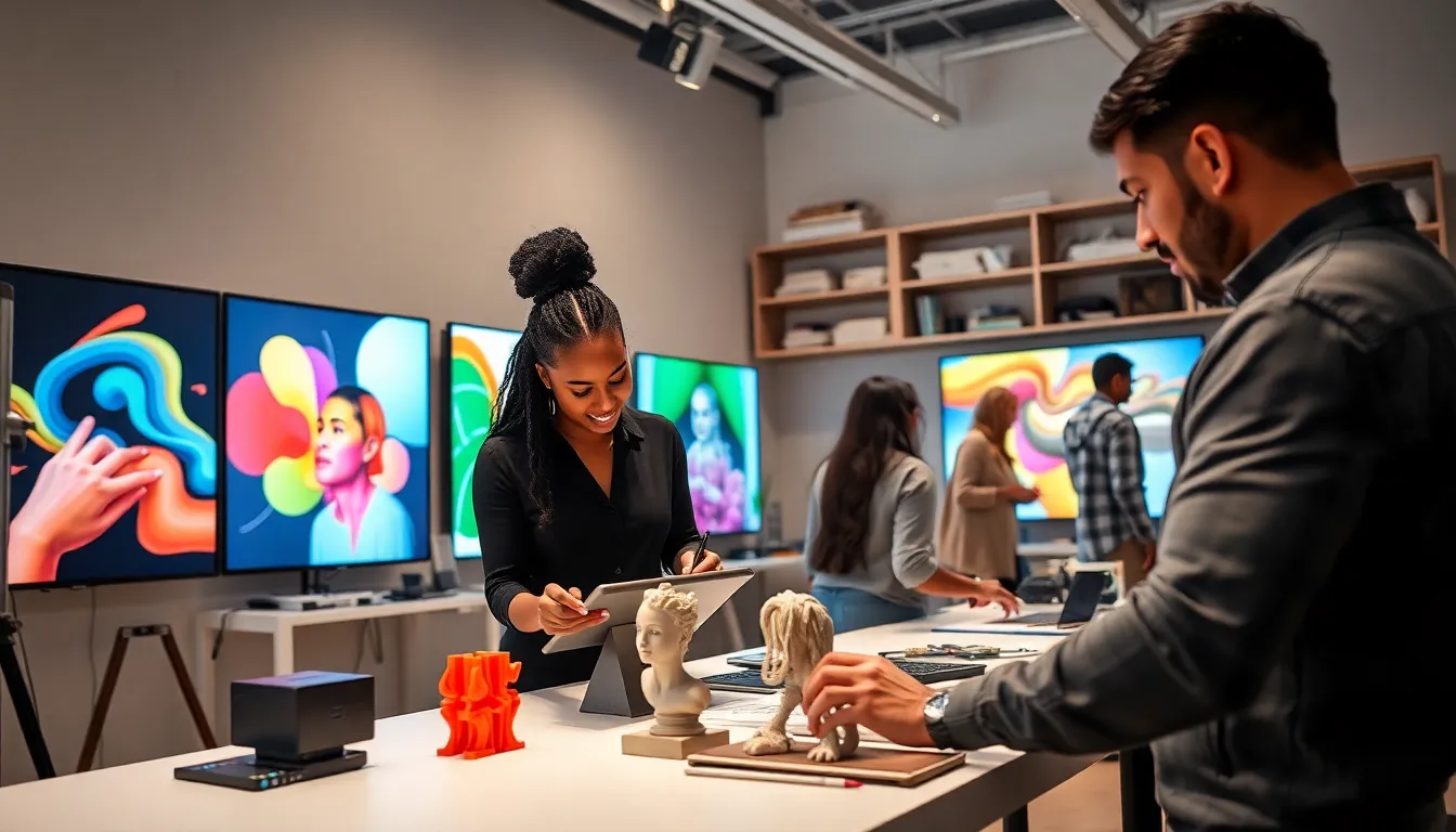 diverse artists collaborating in a modern digital art studio.