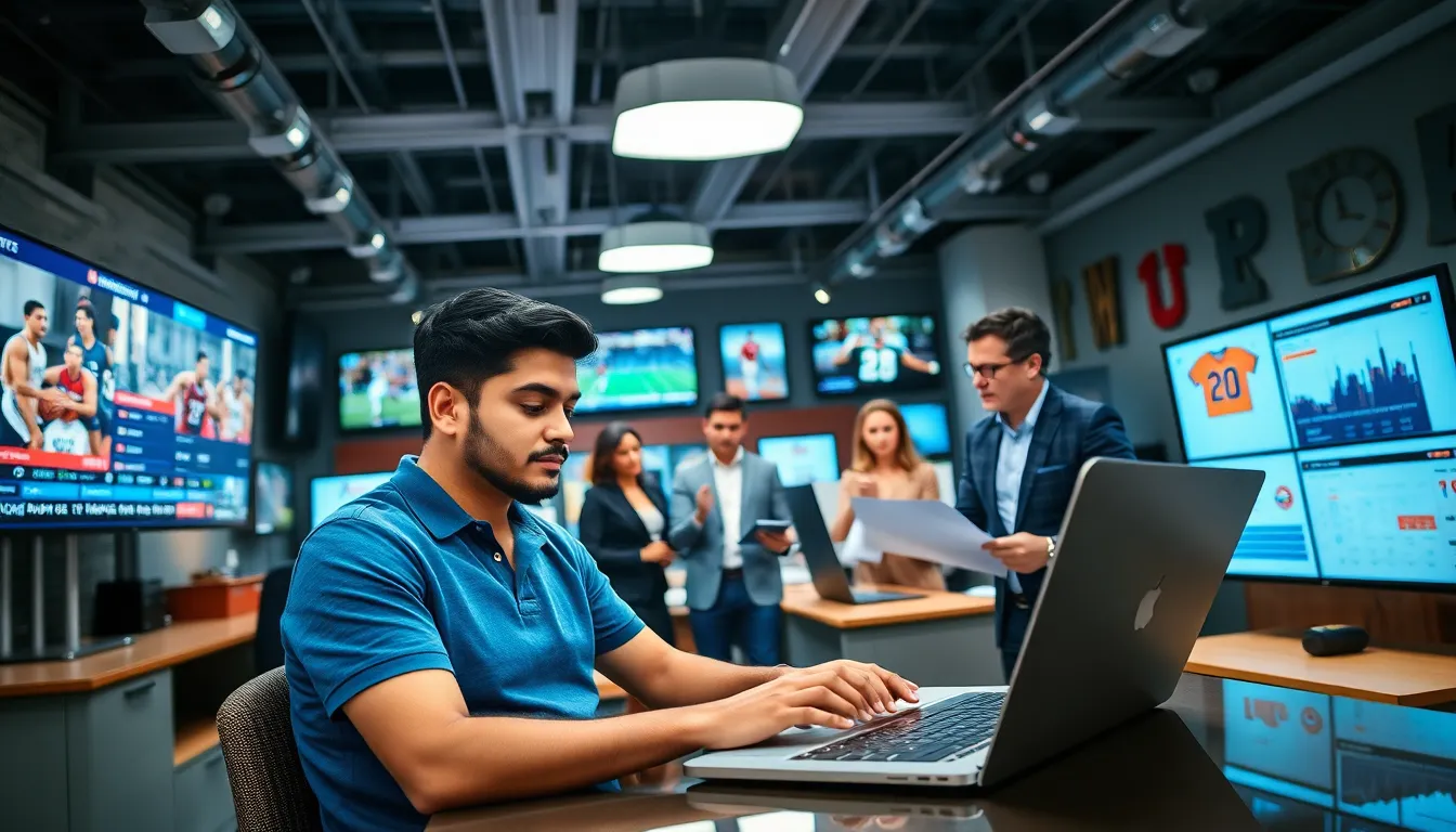 a busy sports newsroom with journalists discussing and reporting on sports news.