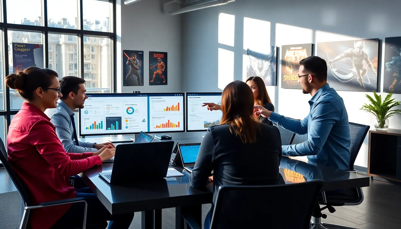 diverse team discussing emails in a modern gaming office.
