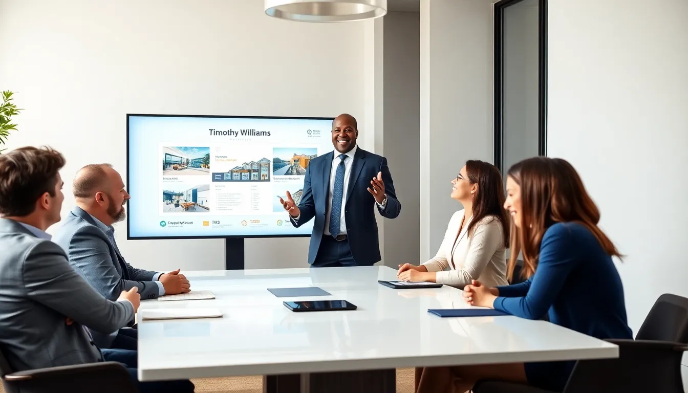 Timothy Williams engaging with clients in a modern office setting.