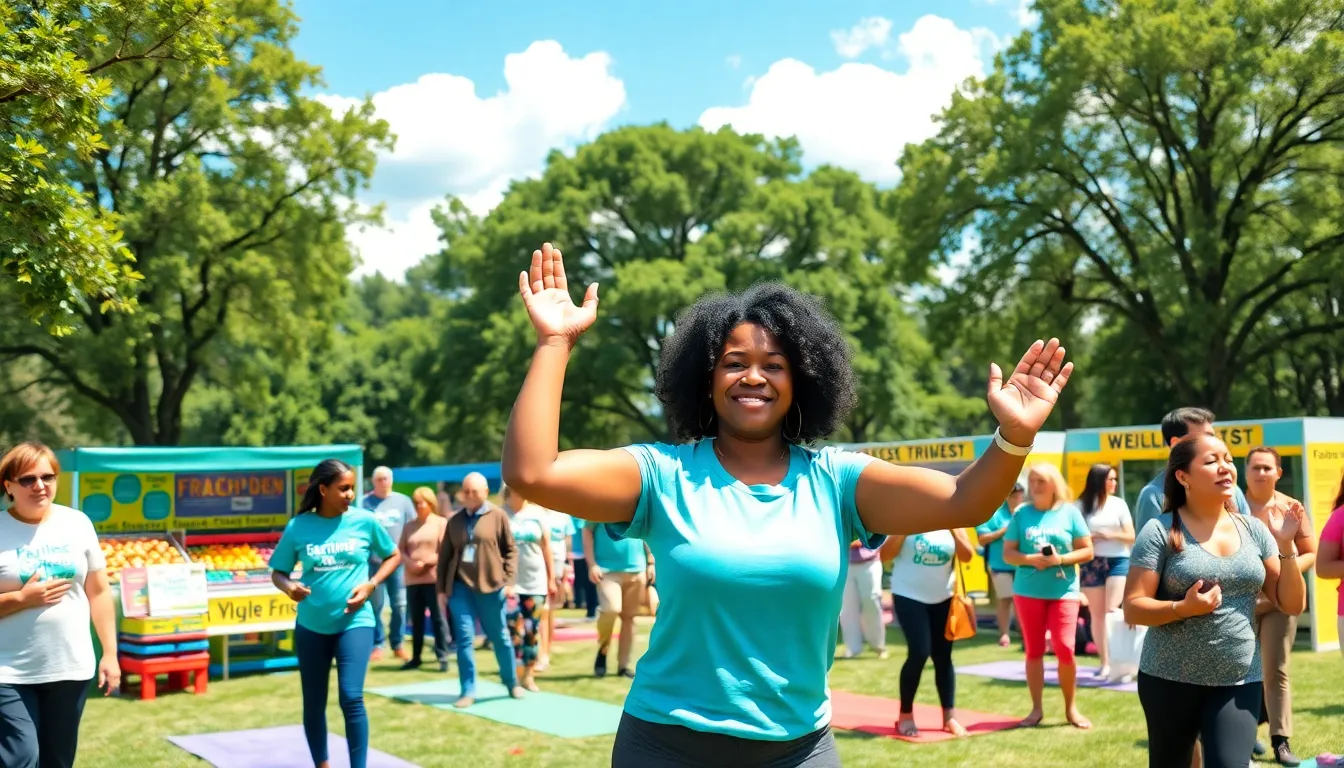 a community wellness fair in a sunny park with yoga and health stalls.