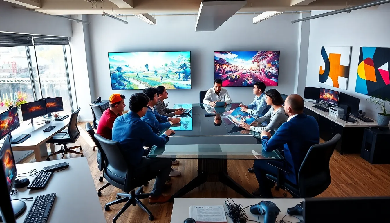 diverse team collaborating in a modern office for Imagineer Games.