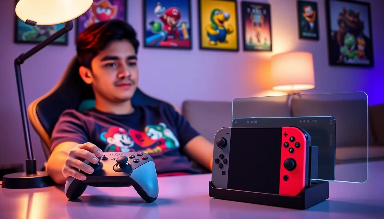 a gamer using a Nintendo Switch with controllers and charging dock in a cozy setup.