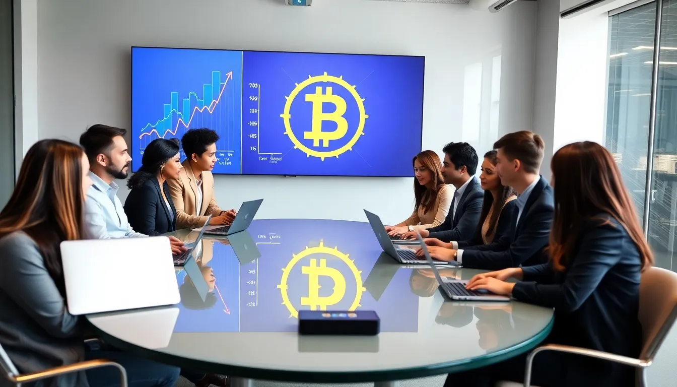 diverse team discussing cryptocurrency in a modern office.