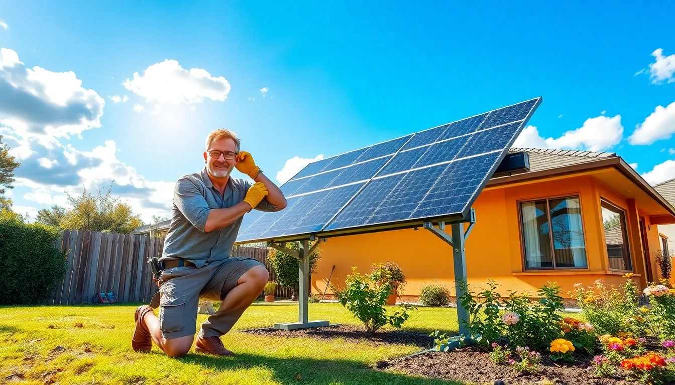 A man installing solar panels in a sunny backyard garden.