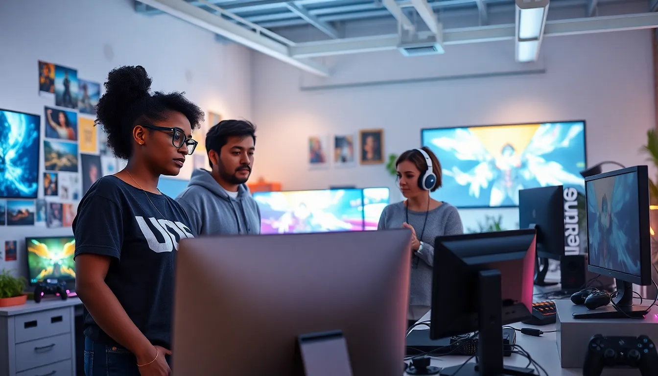 diverse game developers collaborating in a vibrant studio on a new PlayStation game.