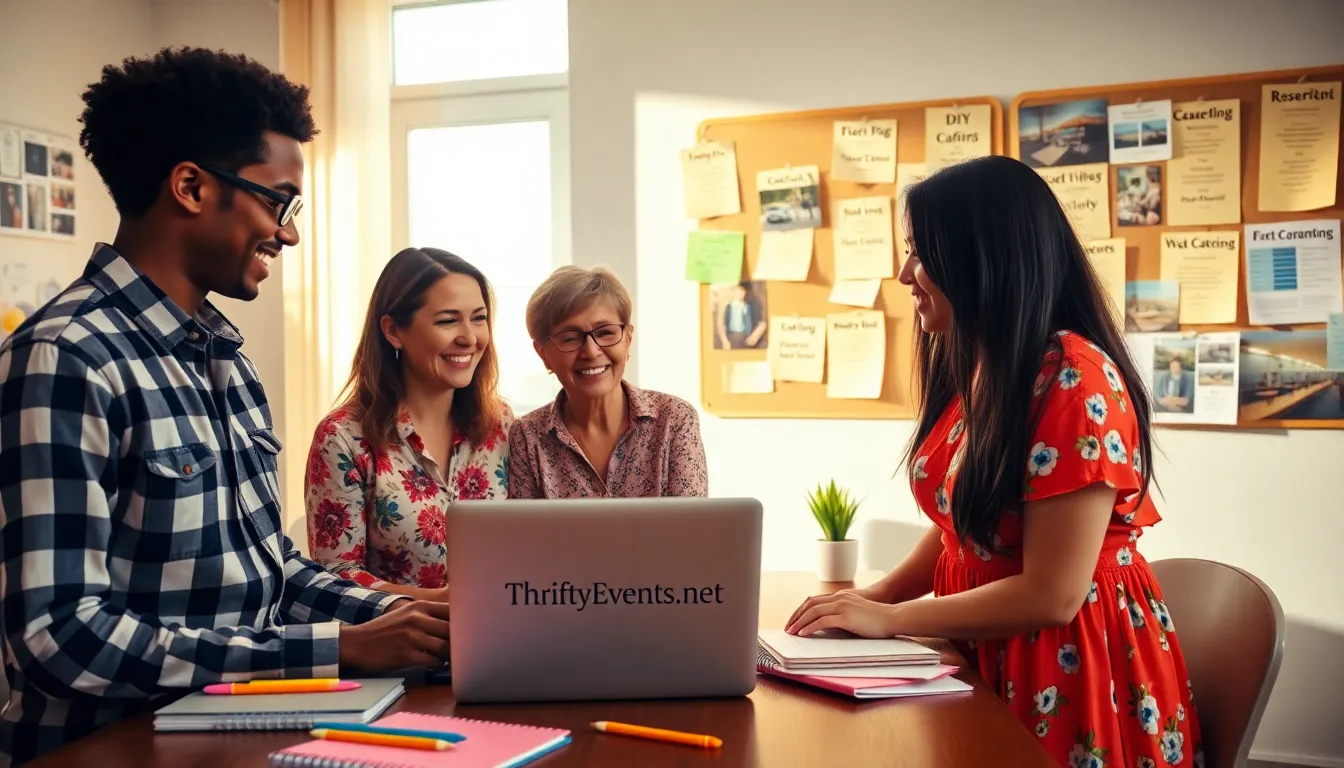 a diverse group planning an event in a bright workspace.