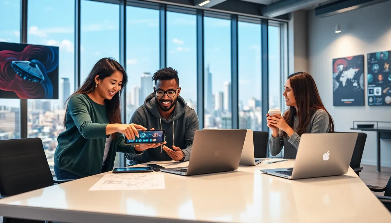 a diverse team collaborating on game design in a bright office space.
