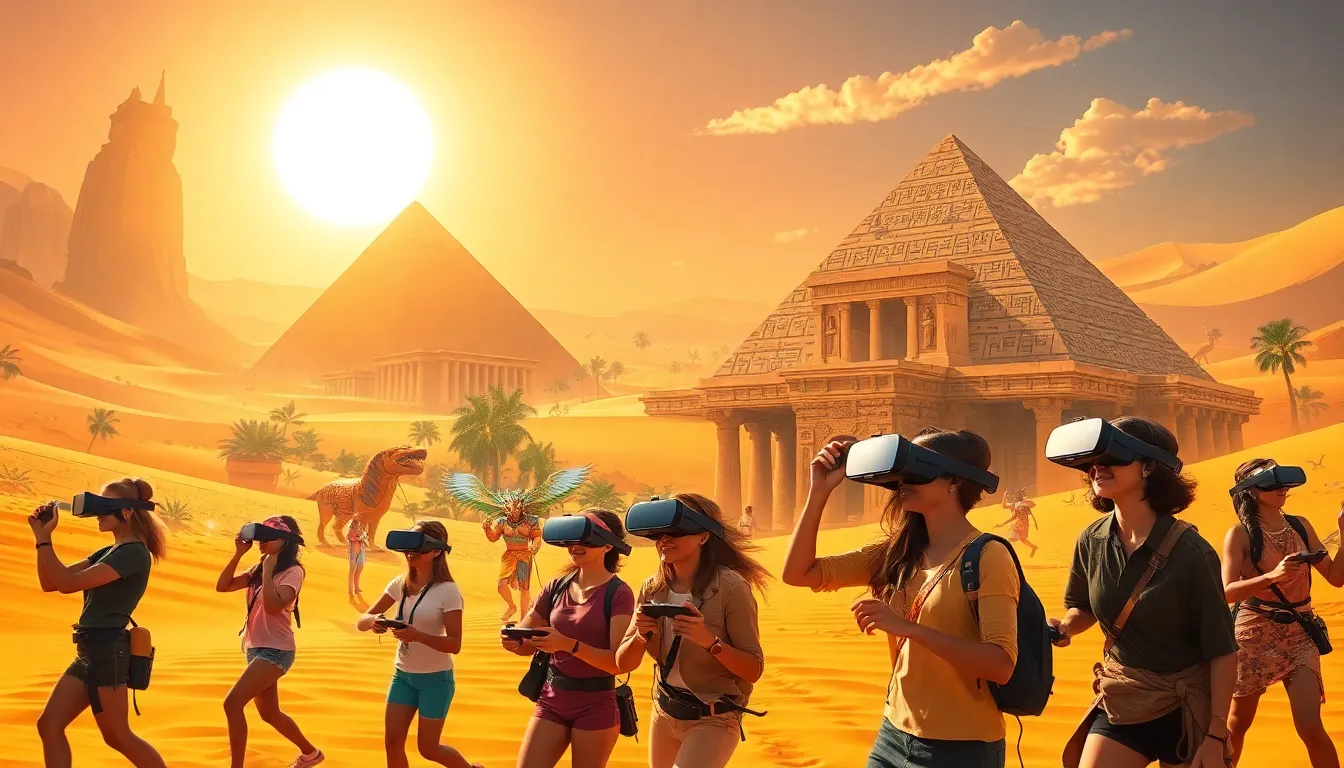 gamers exploring a virtual Ancient Egypt landscape.