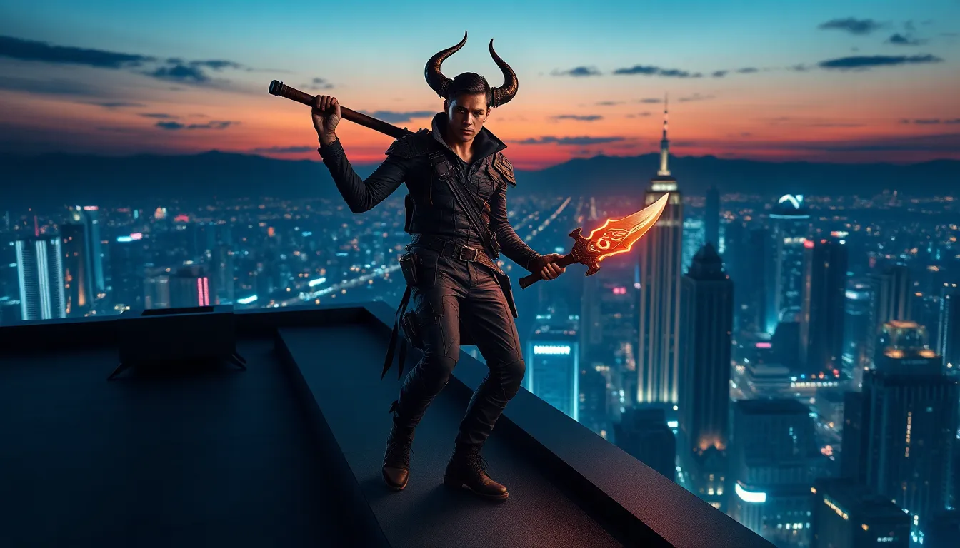diverse daemonhunter on a city rooftop, prepared for battle.