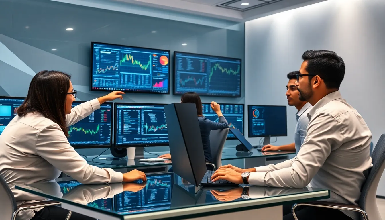 professionals collaborating in a modern cryptocurrency trading office.
