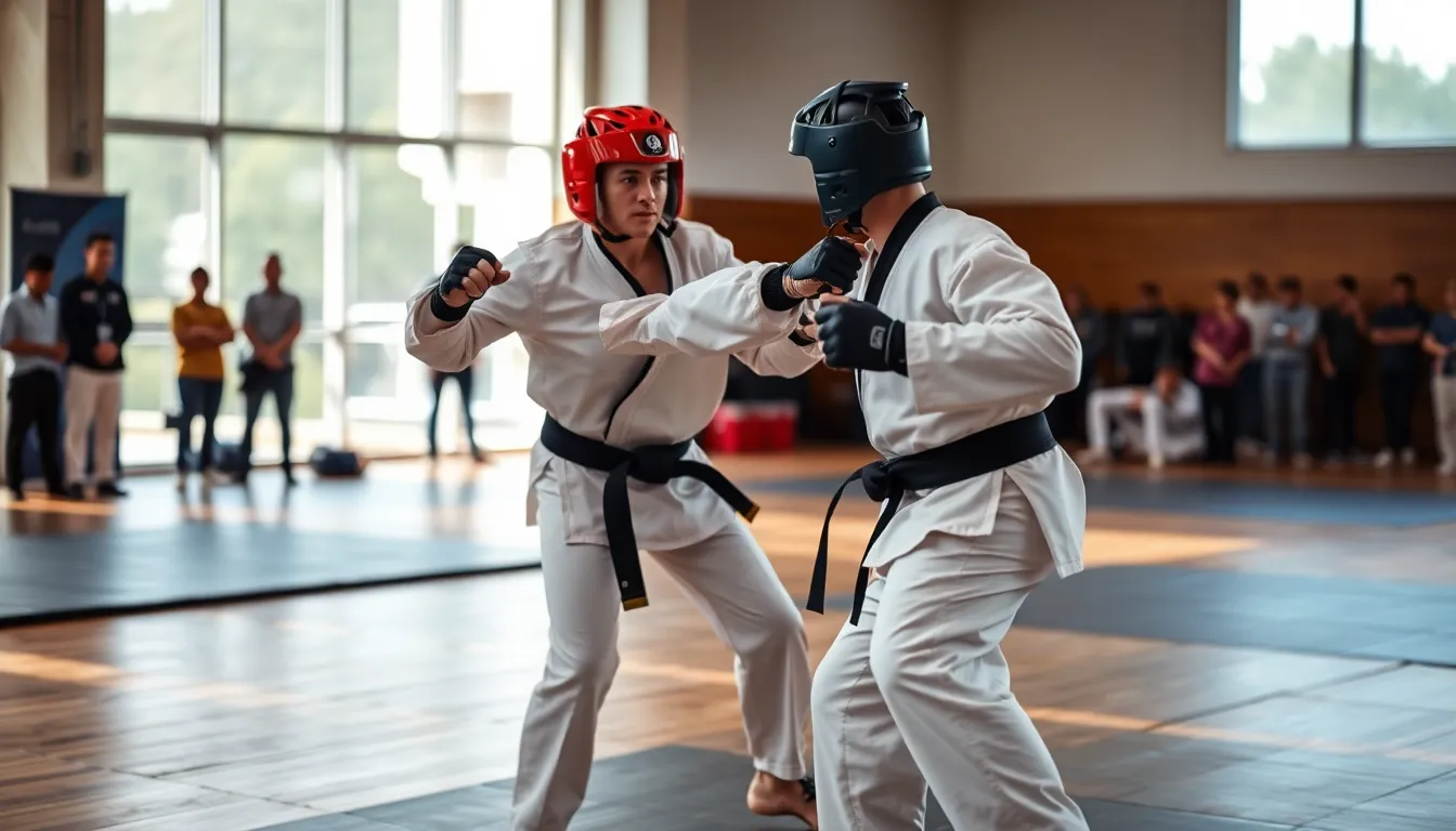 two competitors sparring in a taekwondo gym.