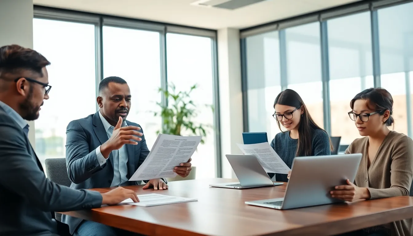 A diverse group discussing terms and conditions in a modern office.