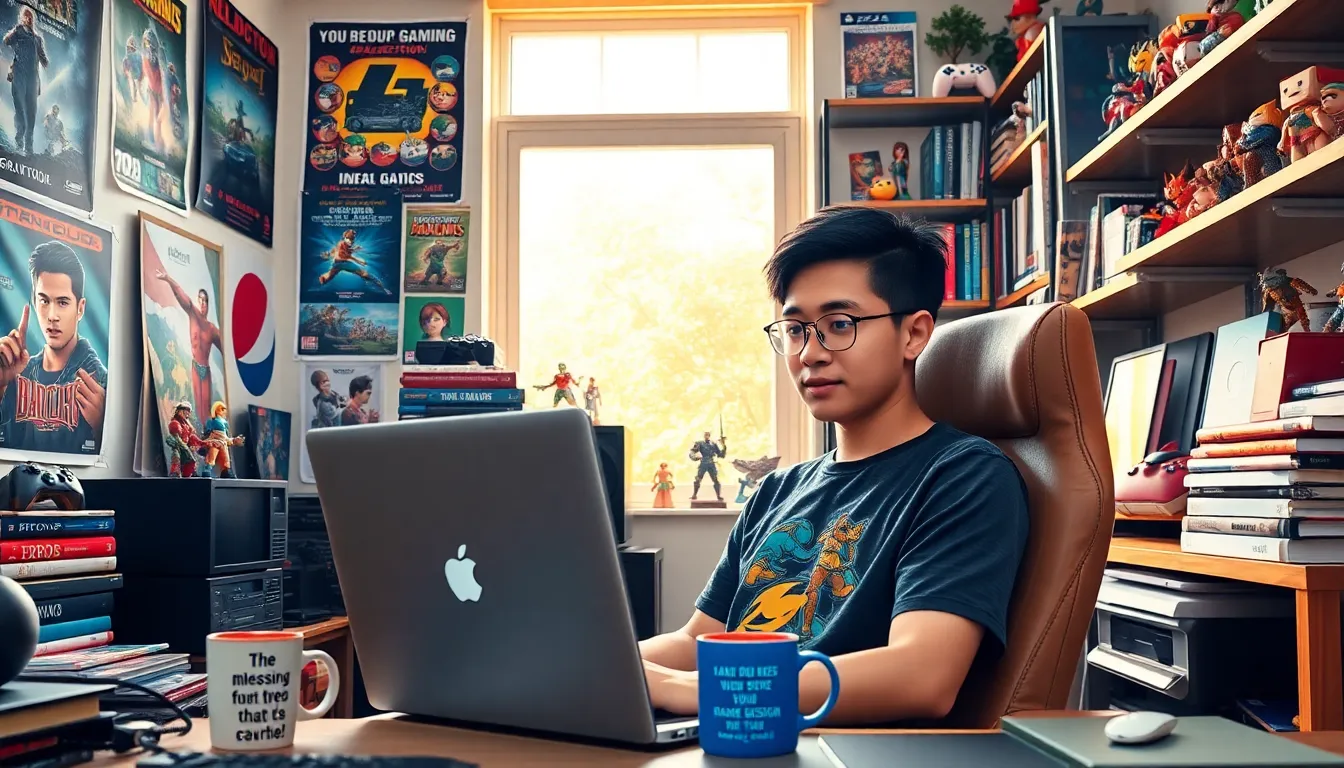 a young gamer in a cozy study engaged with his laptop and gaming memorabilia.