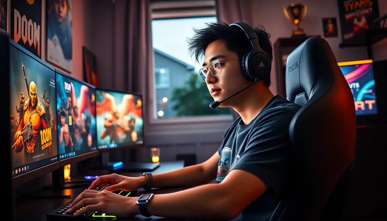 a gamer focused on a PC setup in a vibrant gaming room.