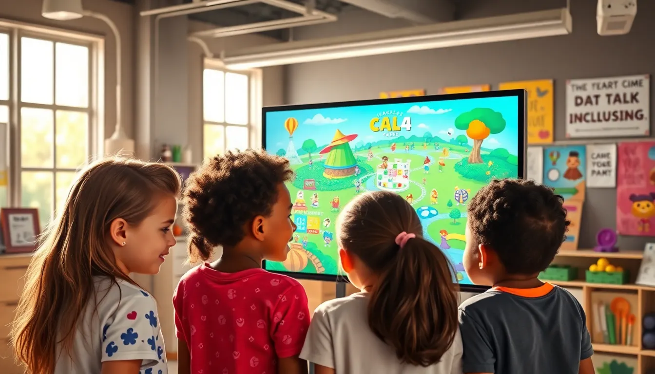 children engaging with an interactive educational game in a bright workspace.