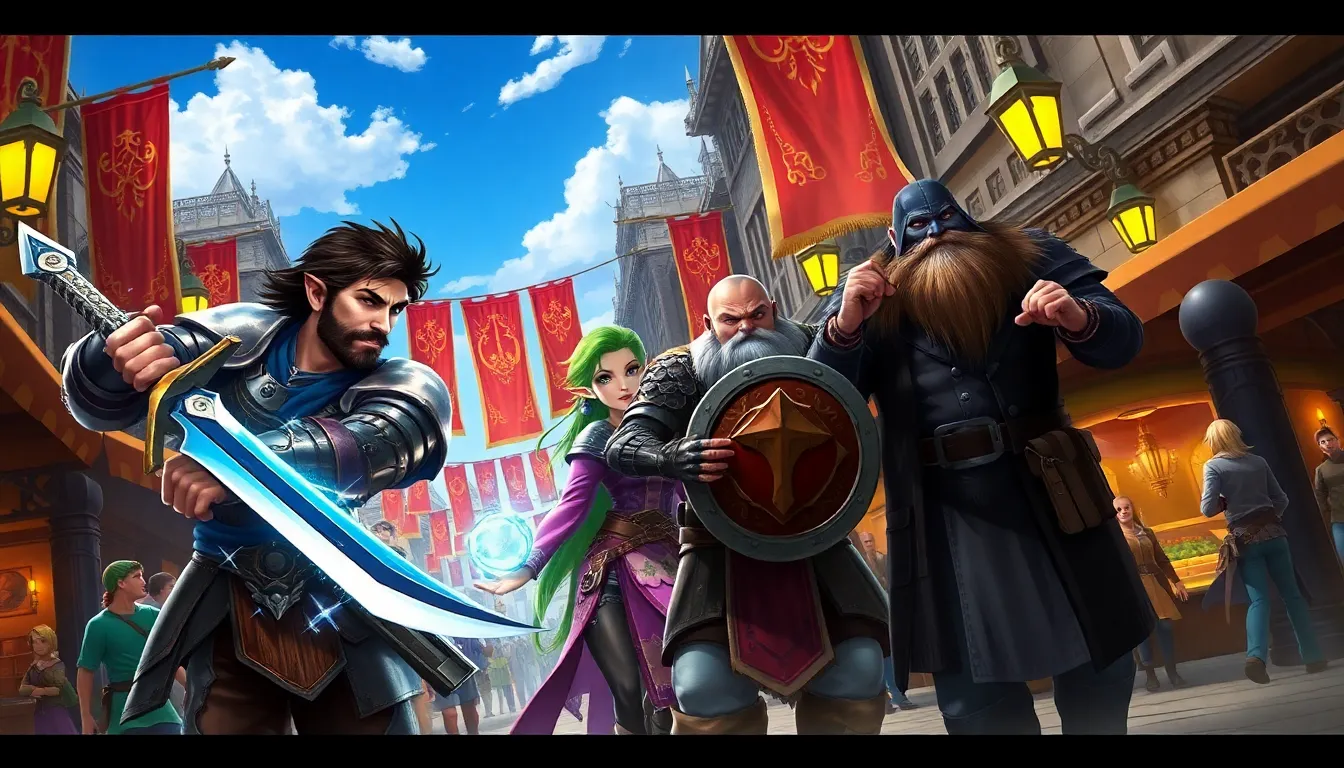 a group of adventurers in a vibrant Neverwinter marketplace