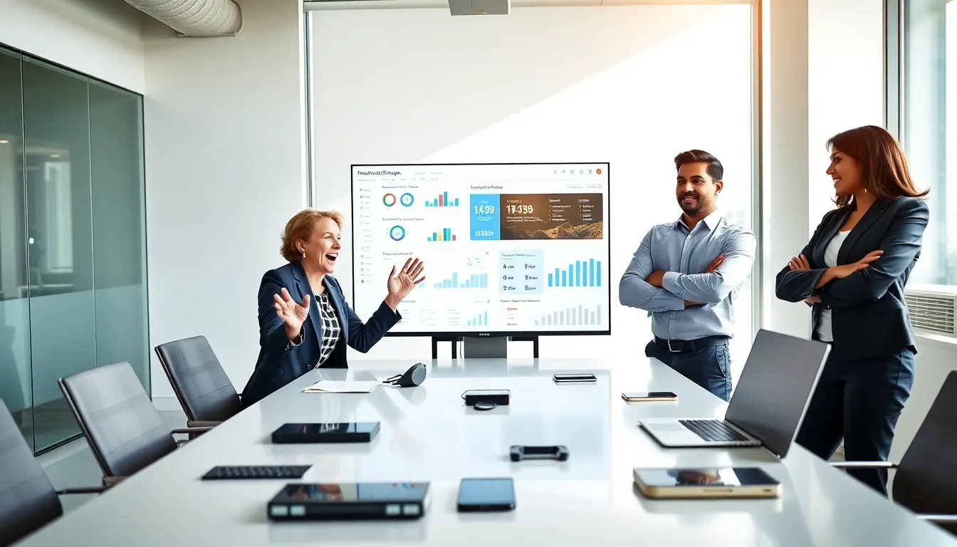 A team of professionals discussing Hardware WebBizMagnet in a modern office.