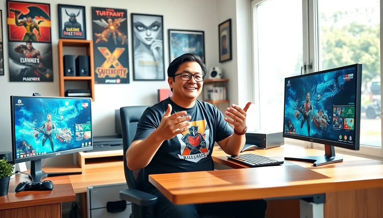 Larry Nando explaining gaming strategies in his modern home office.