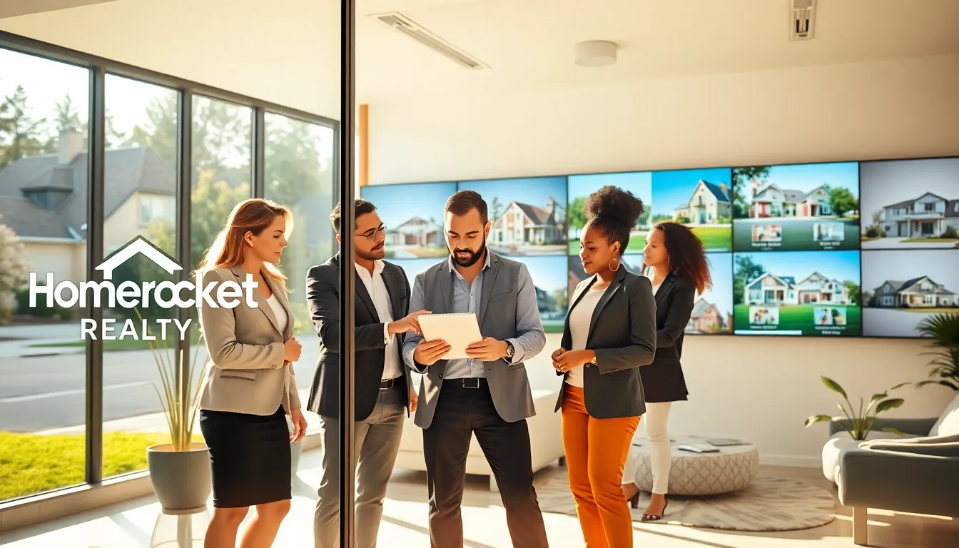 real estate agents discussing properties in a modern office space.
